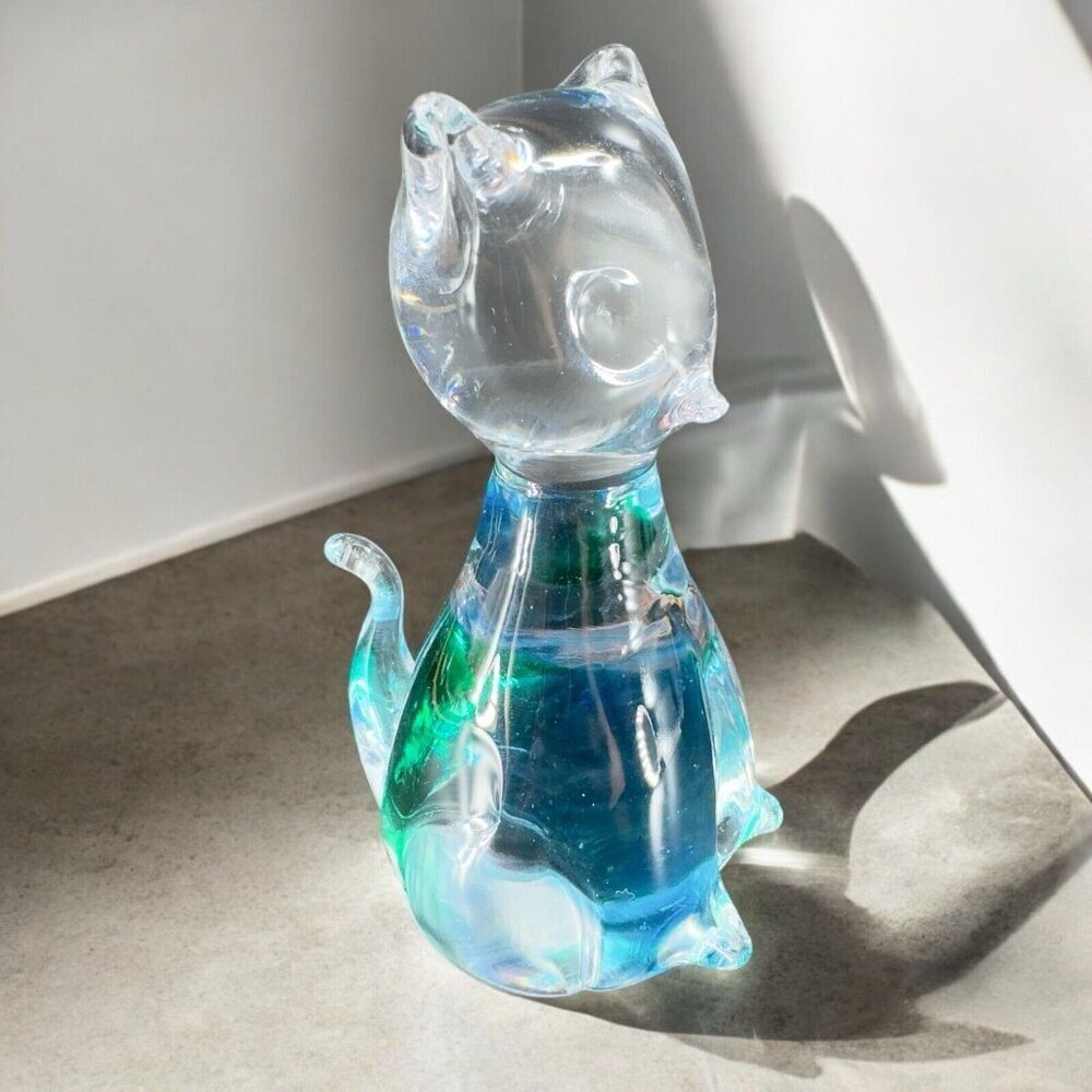 Vintage Kitty Cat Glass Figurine Paperweight Clear Green Blue Ombré Color Glass‎